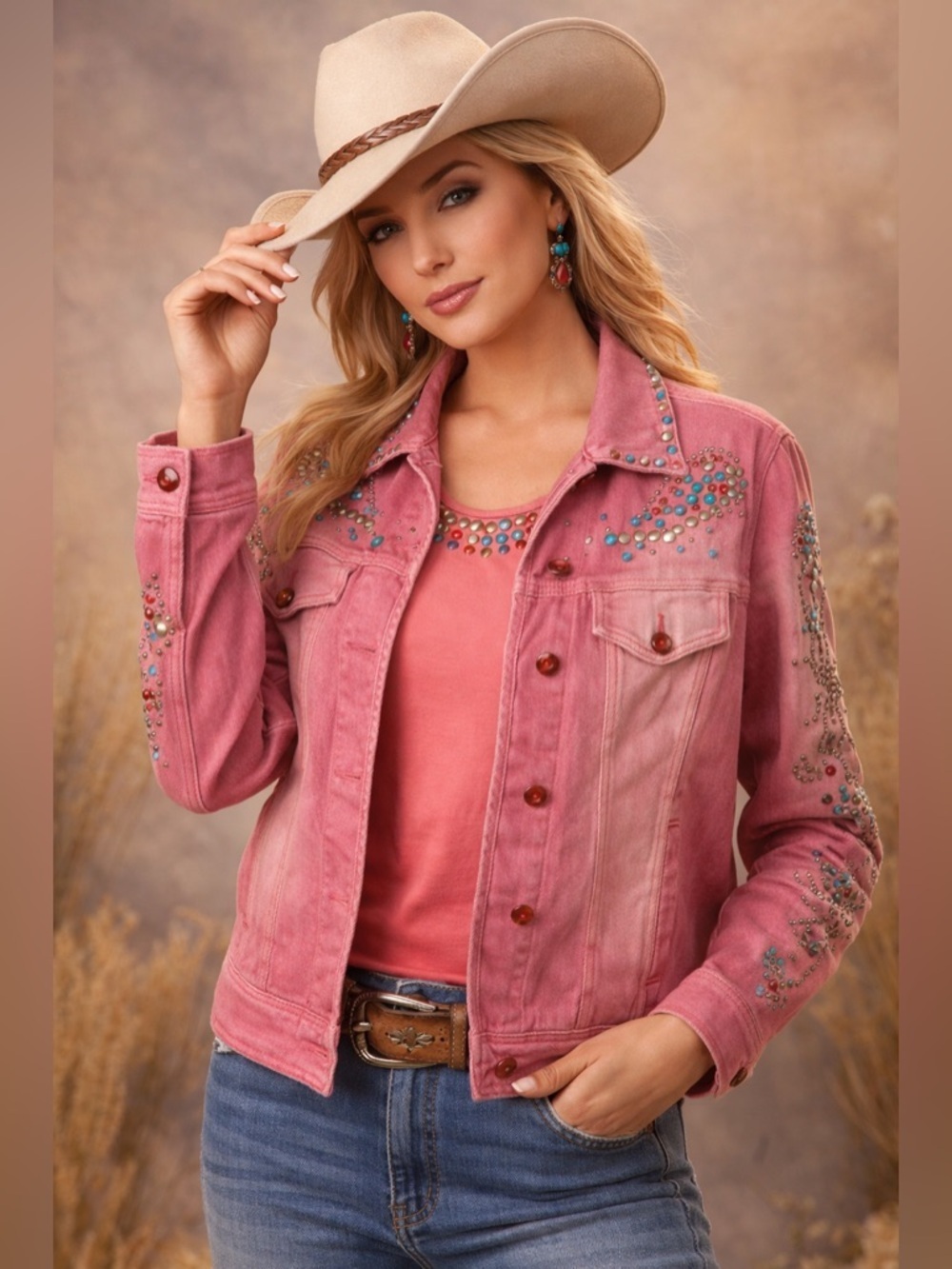 DG2 Diane Gilman Pink Studded Denim Jacket & Tank Set Small Western Rhinestone